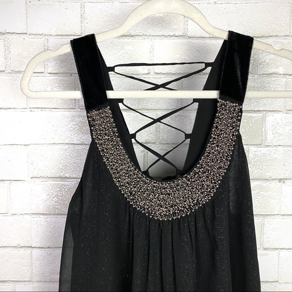 Miss ME Beaded Neckline Chiffon Lace Back Dress - Picture 10 of 13